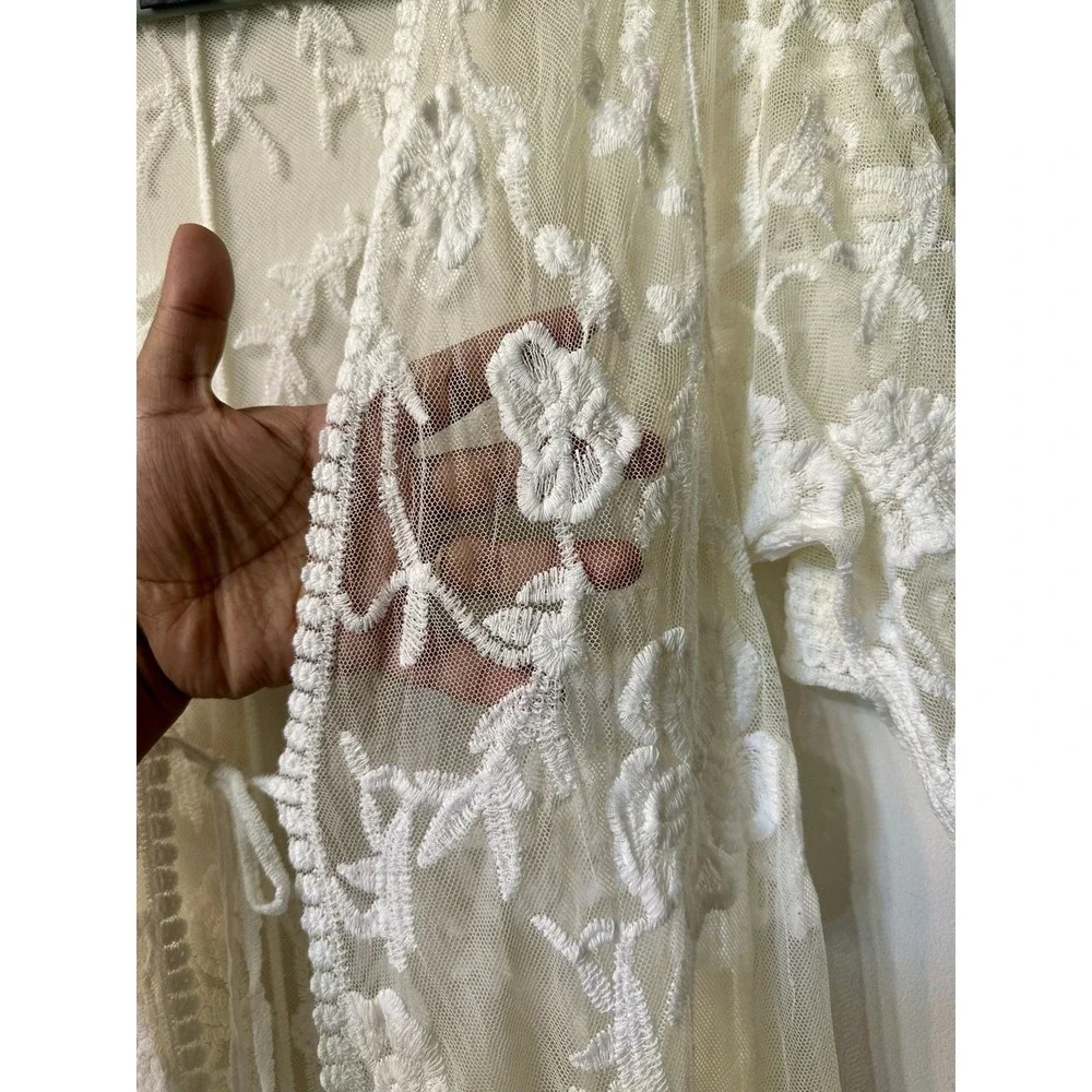 rue21 Womens Large White Lace Kimono Duster Cardigan Sheer Floral Tie Front Boho